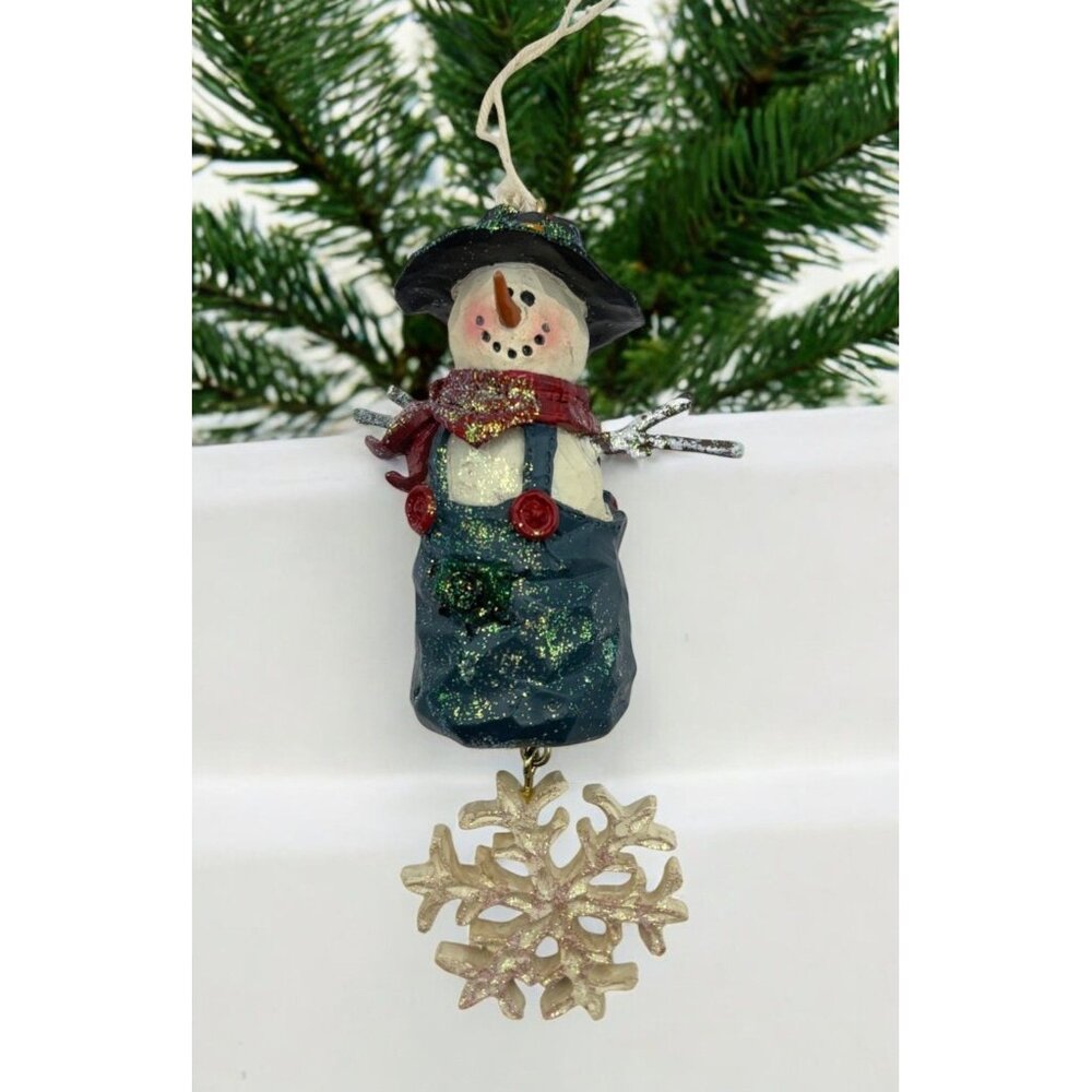 Vintage Glittery Snowman Christmas Tree Ornament With Dangle Snowflake Rustic